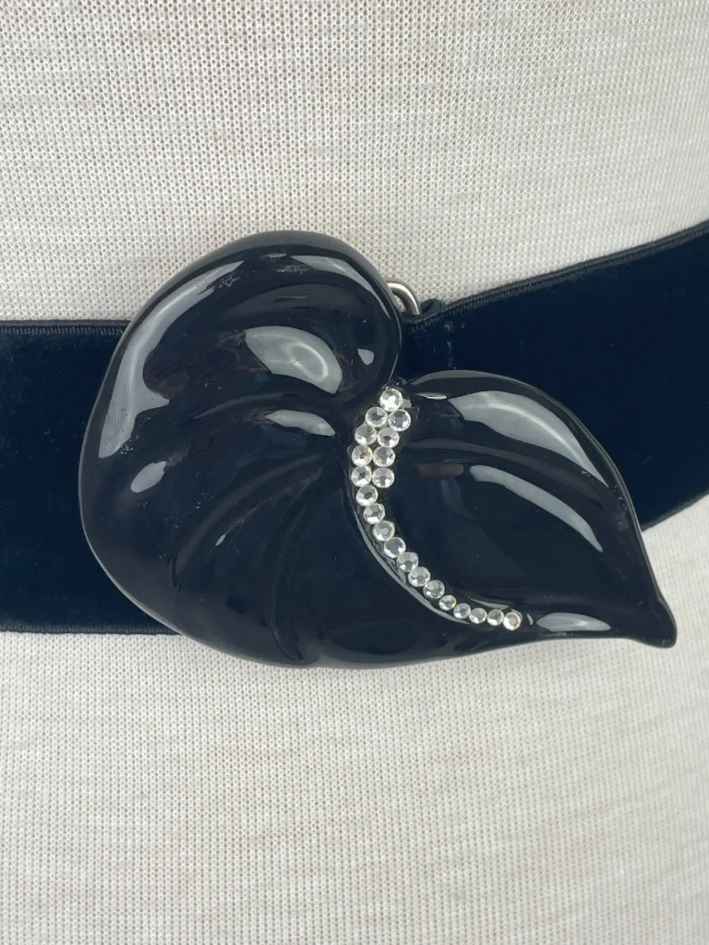 Vintage 1980s-90s Black Velvet Stretchy Belt with Ceramic Rhinestone Buckle